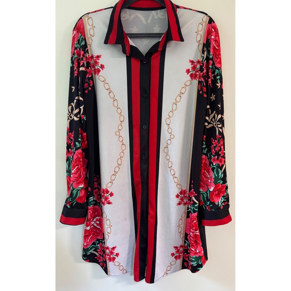 Floral Chain Print Button Down Tunic Shirt/Dress Long Sleeve Baroque, Colorblock